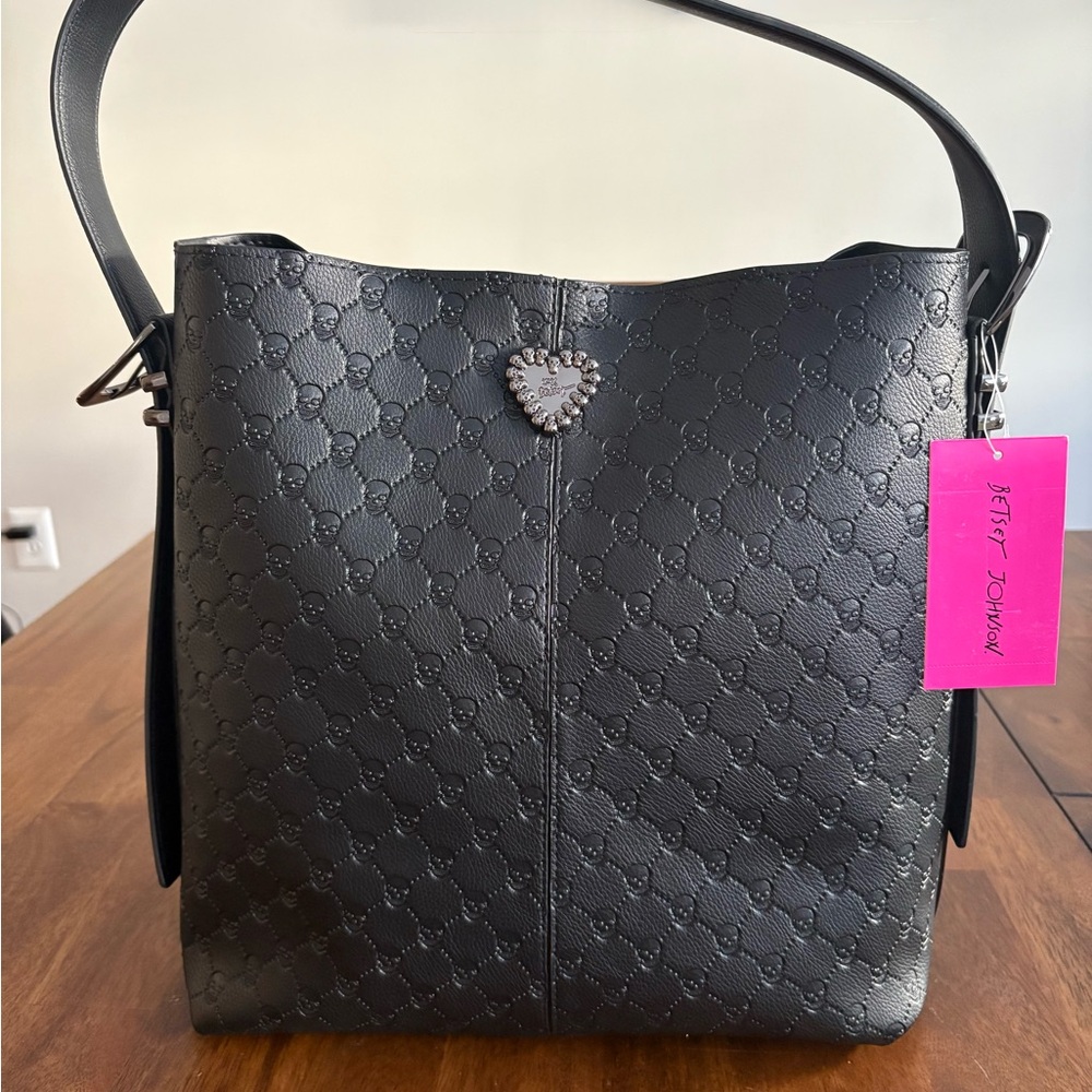Betsey Johnson Black Embossed Heart Shoulder Bag